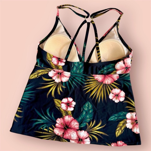 Kona Sol Tropical Black Coral Pink Adjustable Tankini Top Padded Size M - Picture 3 of 6